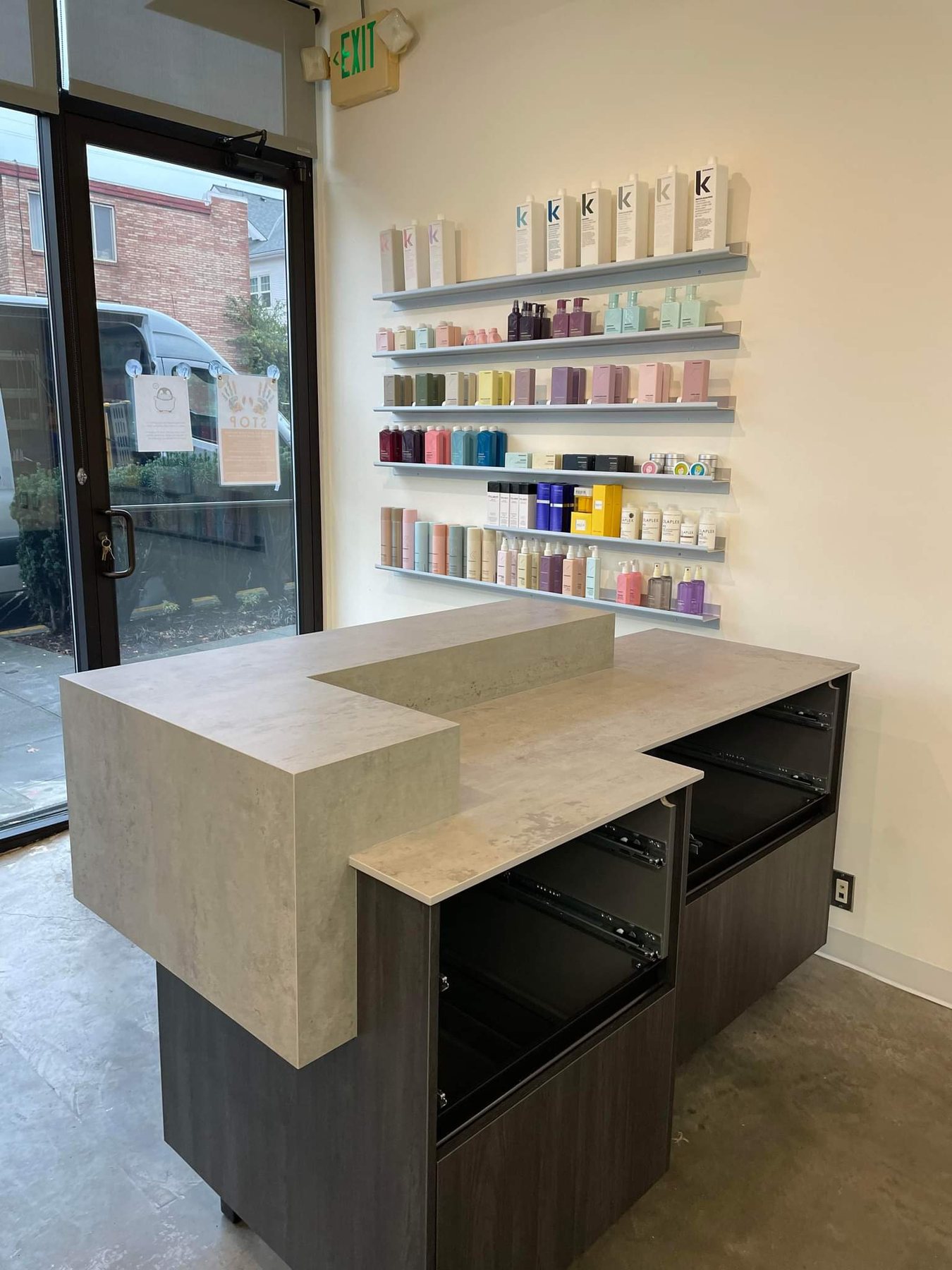 Commercial counter with waterfall end